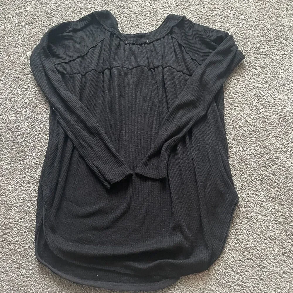 Free People Womens Long Sleeve Babydoll Top Sz Large Boho Neutral Casual Thermal